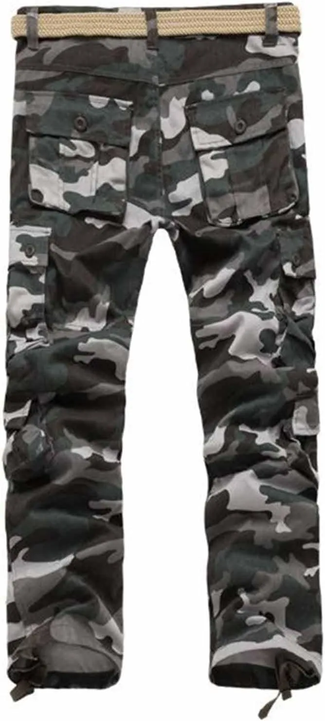 Camo Cargo Pants for Men Slim Fit Straight Leg Camouflage Tactical Panst Multi Pockets Outdoor Workwear No Belt