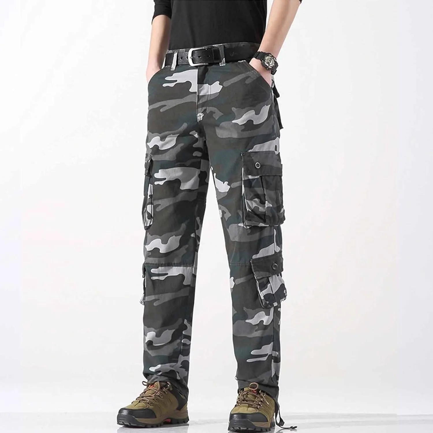 Camo Cargo Pants for Men Slim Fit Straight Leg Camouflage Tactical Panst Multi Pockets Outdoor Workwear No Belt