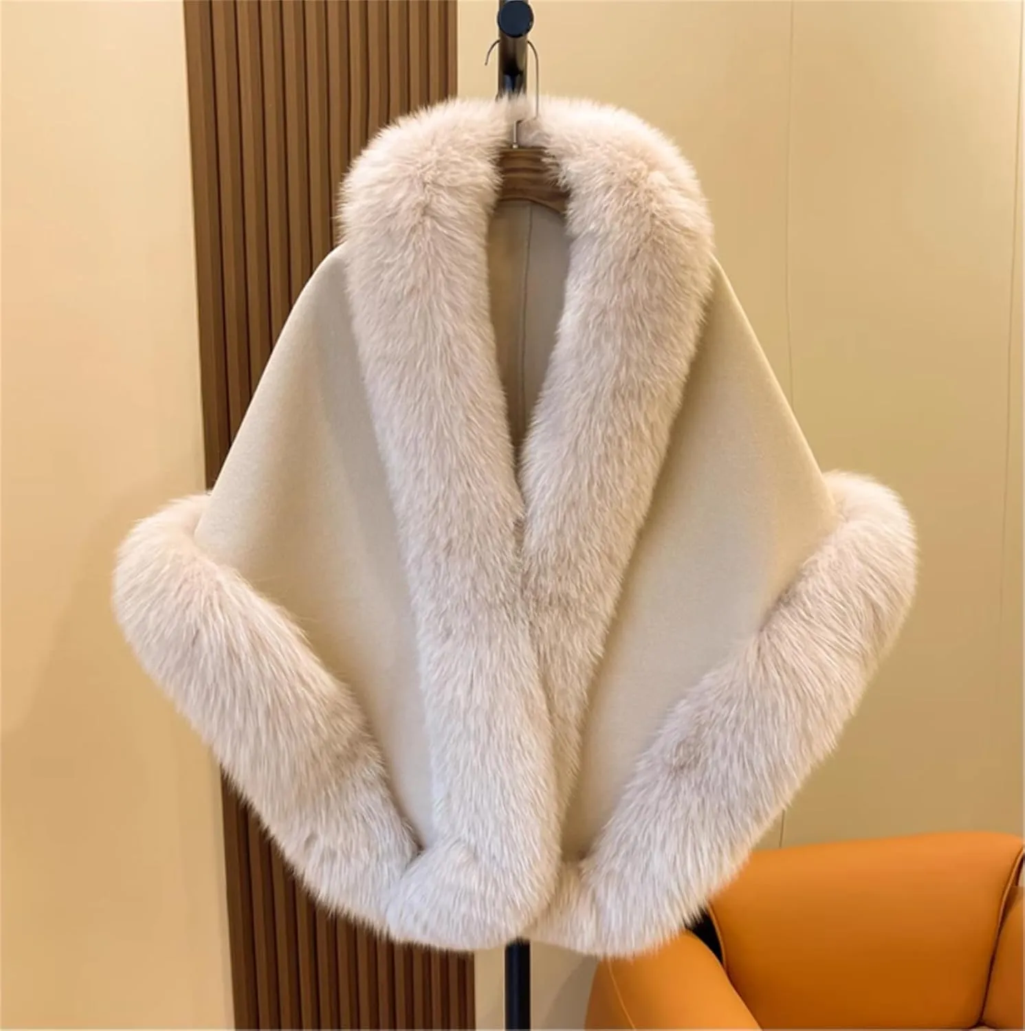 CAPE-Soft Warm Cashmere Pashmina Wool Shawl For Women's Real Fox Fur Trimmed Wrap Cloak