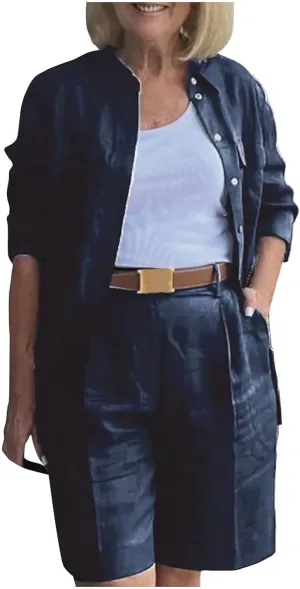 Casual 2 Piece Outfits Linen Blazer Shorts Set for Women Plus Size Solid Color Pants Suits with Pockets