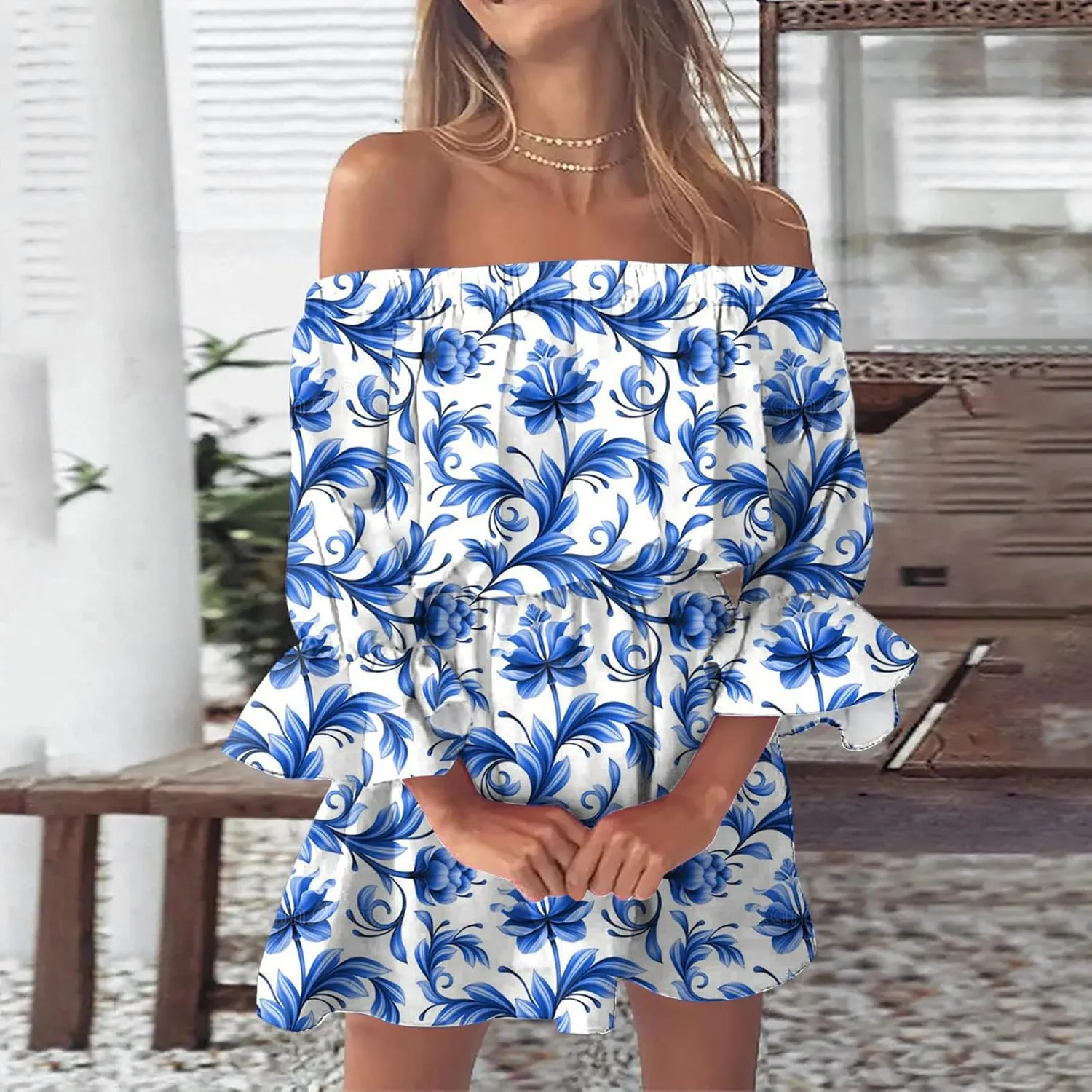 Ceboyel Women Off Shoulder Hawaiian Sundress Boho Ruffle Dresses Swing Beach Dress Sexy Casual Tropical Vacation Clothes