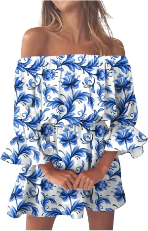 Ceboyel Women Off Shoulder Hawaiian Sundress Boho Ruffle Dresses Swing Beach Dress Sexy Casual Tropical Vacation Clothes