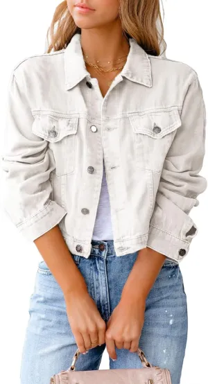 CHARTOU Women's Classic Candy Color Long Sleeve Cropped Denim Jean Jacket