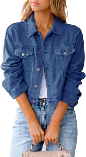 CHARTOU Women's Classic Candy Color Long Sleeve Cropped Denim Jean Jacket