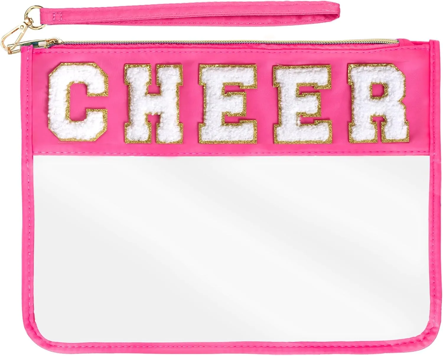 Chenille Letter Bag, Clear Nylon Cosmetic Makeup Bag with Zipper, Varsity Preppy Patch Flat Travel Pouch for Women Girls Gift (Rose-CHEER)
