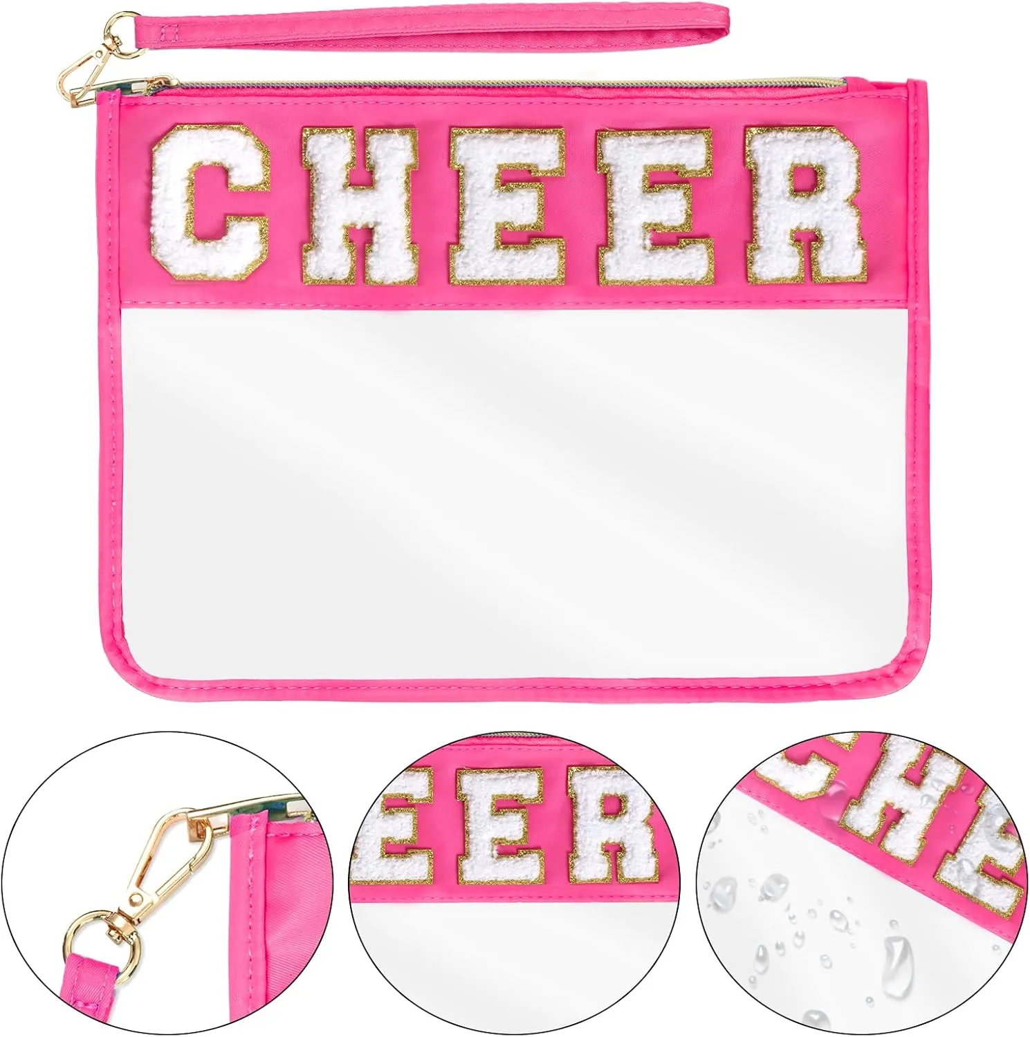 Chenille Letter Bag, Clear Nylon Cosmetic Makeup Bag with Zipper, Varsity Preppy Patch Flat Travel Pouch for Women Girls Gift (Rose-CHEER)