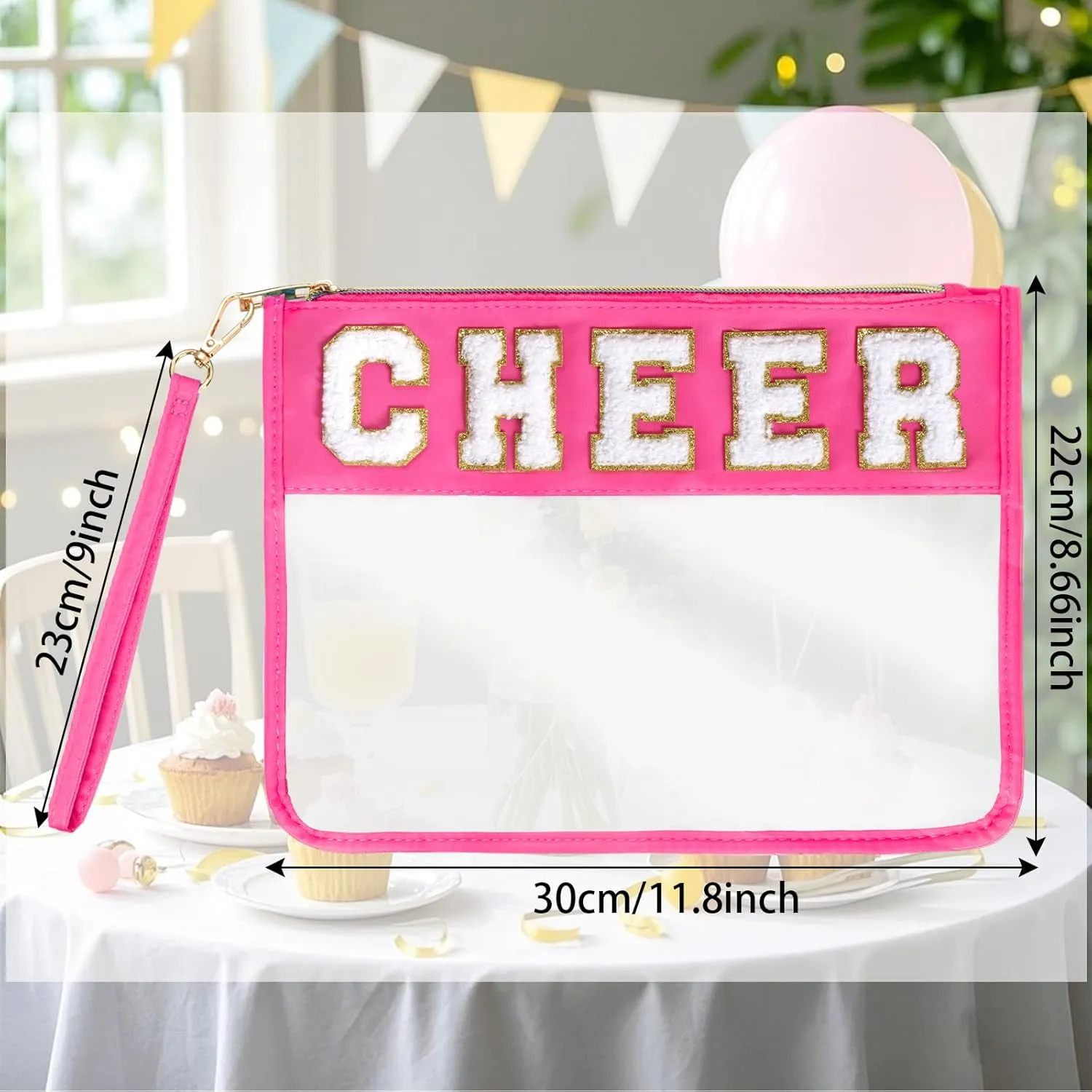 Chenille Letter Bag, Clear Nylon Cosmetic Makeup Bag with Zipper, Varsity Preppy Patch Flat Travel Pouch for Women Girls Gift (Rose-CHEER)