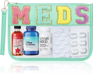 Chenille Letter Clear Medicine Bags, Makeup Meds Bags, Preppy Patch Cosmetic Bag with Zipper and Wristlet, Waterproof PU&PVC Toiletry Medicine Storage Case, Portable Travel Drugs Pills Pouch