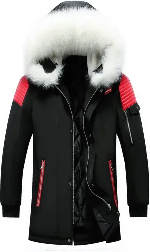 chouyatou Men's Winter Warm Faux Leather Spliced Padded Long Down Alternative Parka Coat Fur Hood