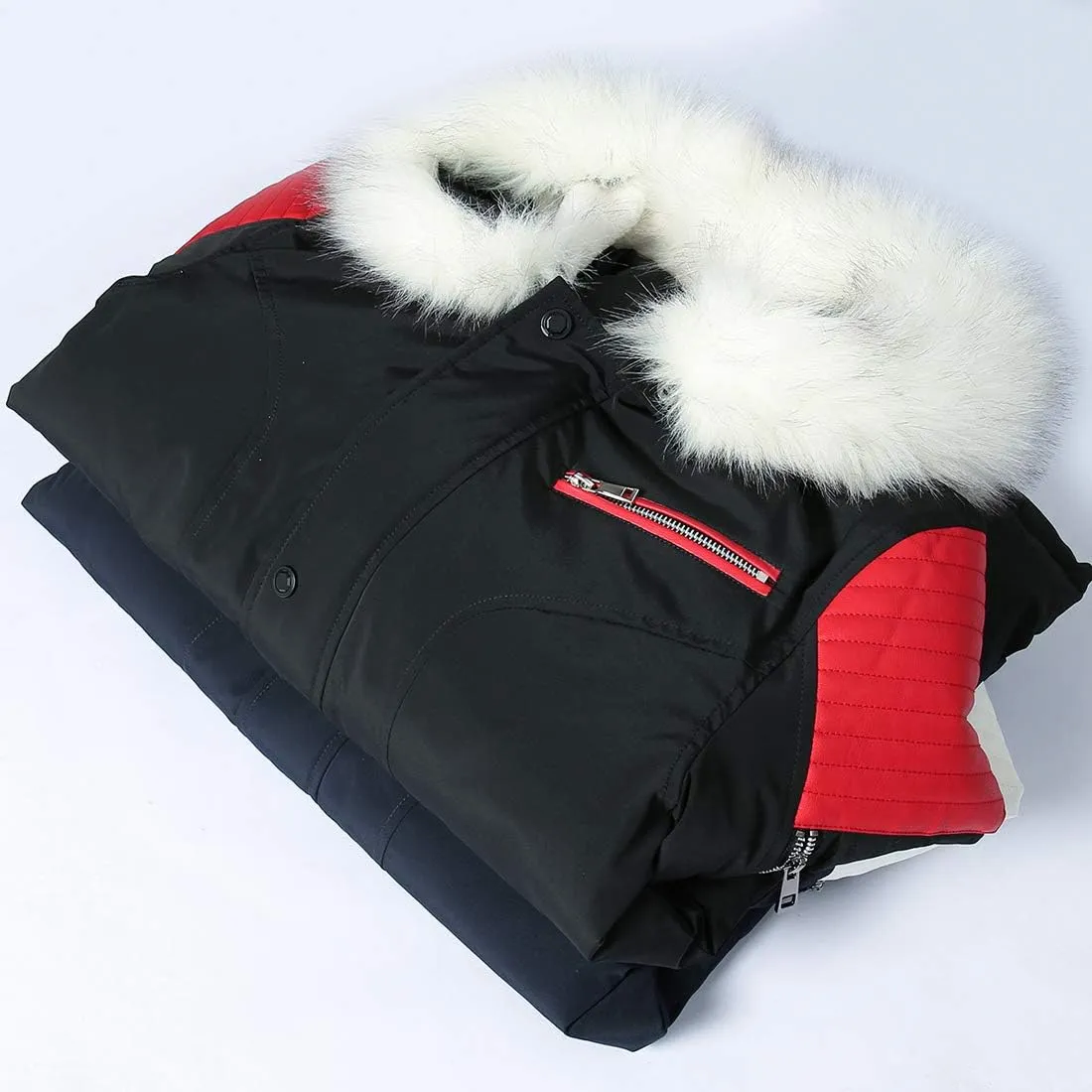 chouyatou Men's Winter Warm Faux Leather Spliced Padded Long Down Alternative Parka Coat Fur Hood