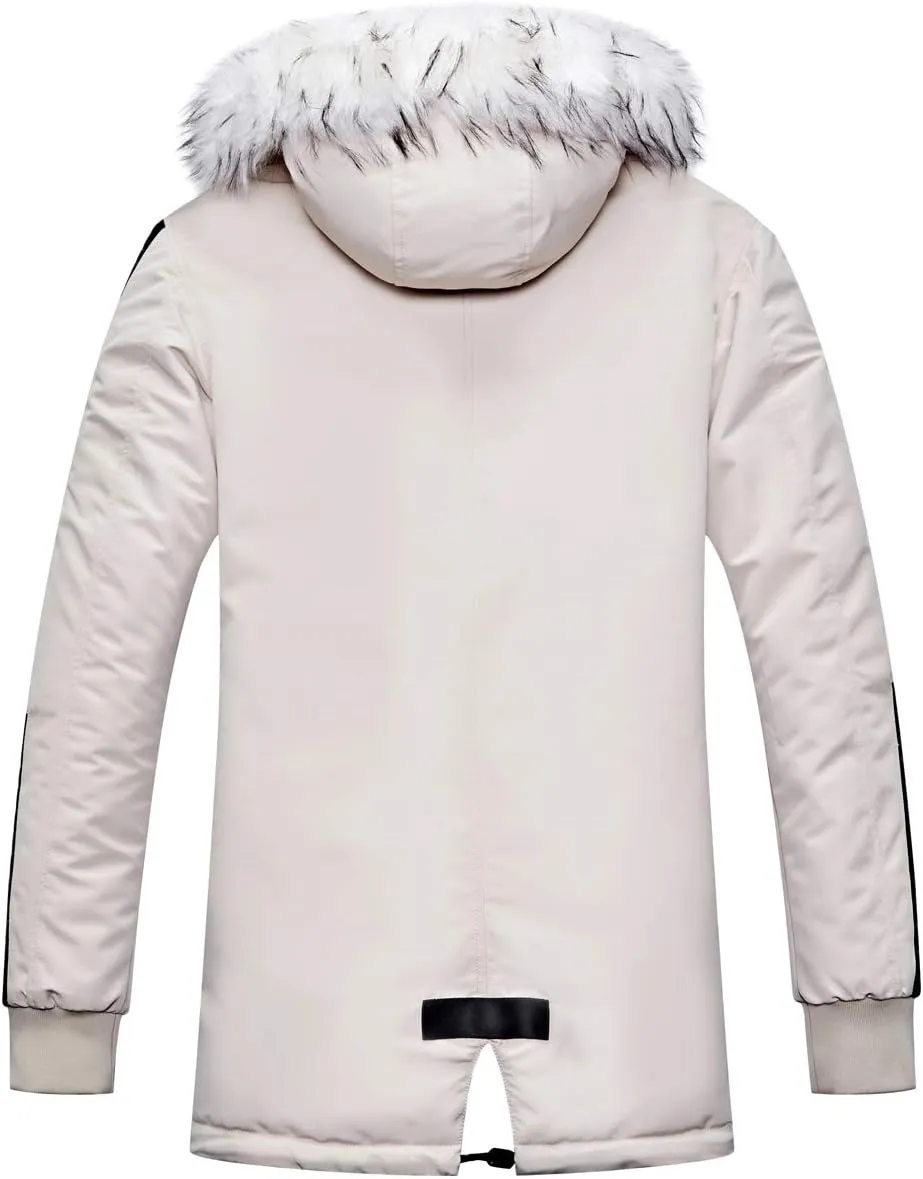 chouyatou Men's Winter Warm Faux Leather Spliced Padded Long Down Alternative Parka Coat Fur Hood