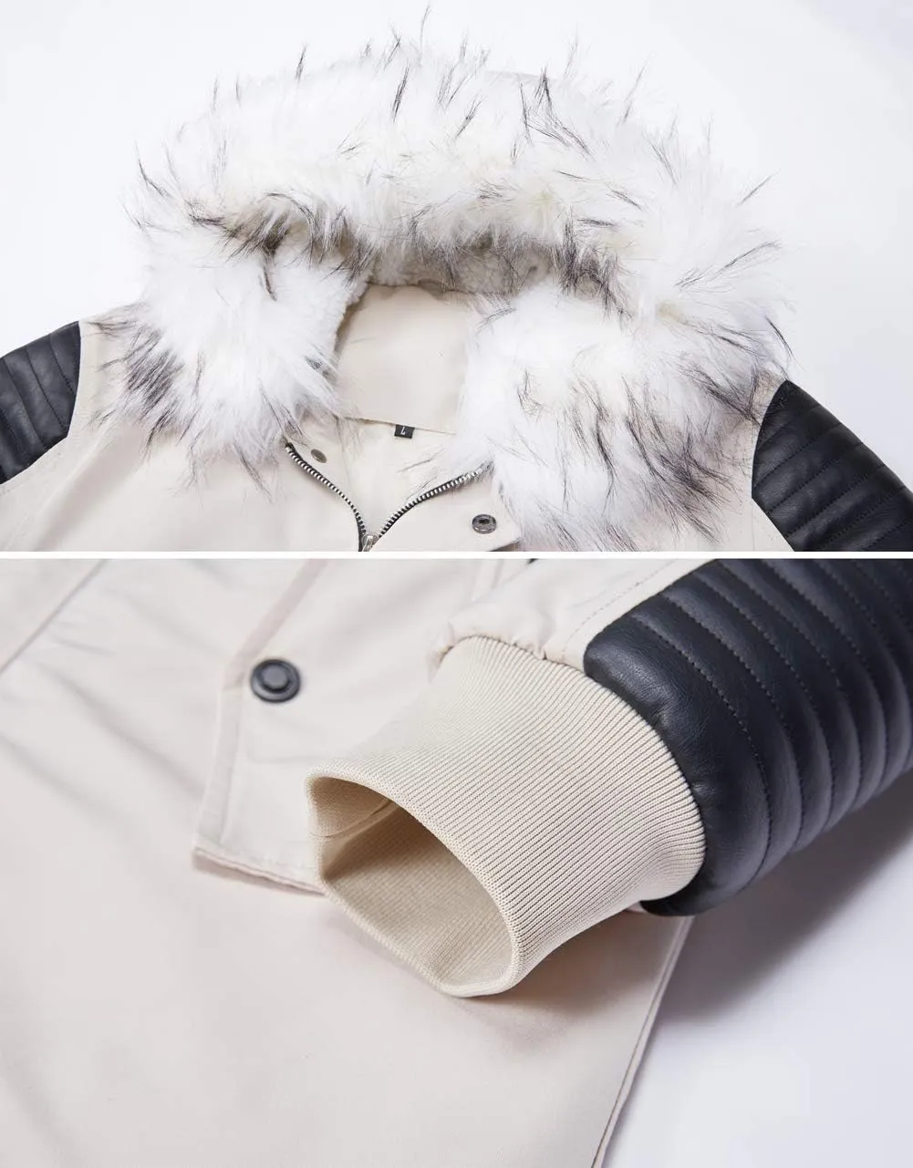 chouyatou Men's Winter Warm Faux Leather Spliced Padded Long Down Alternative Parka Coat Fur Hood