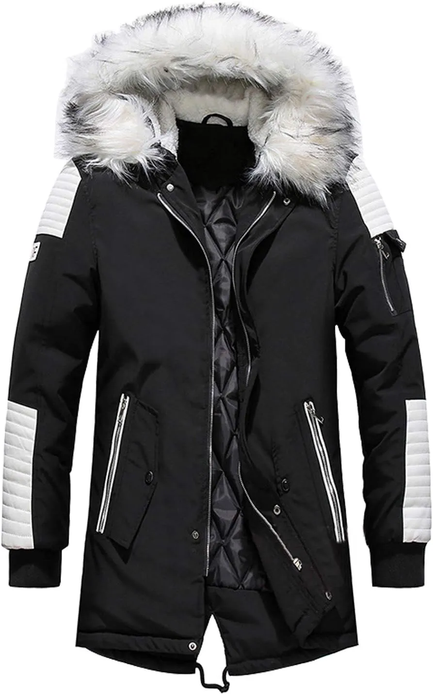 chouyatou Men's Winter Warm Faux Leather Spliced Padded Long Down Alternative Parka Coat Fur Hood