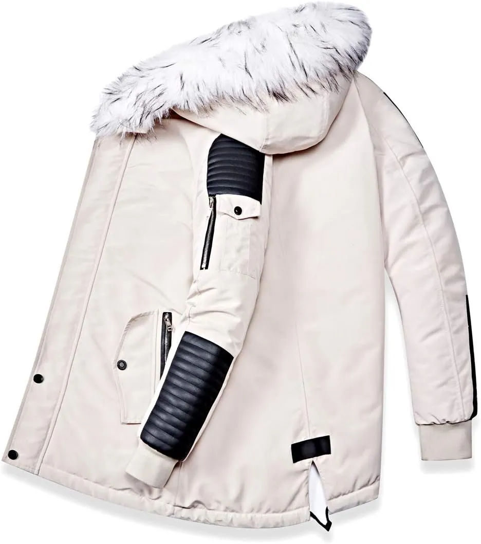 chouyatou Men's Winter Warm Faux Leather Spliced Padded Long Down Alternative Parka Coat Fur Hood