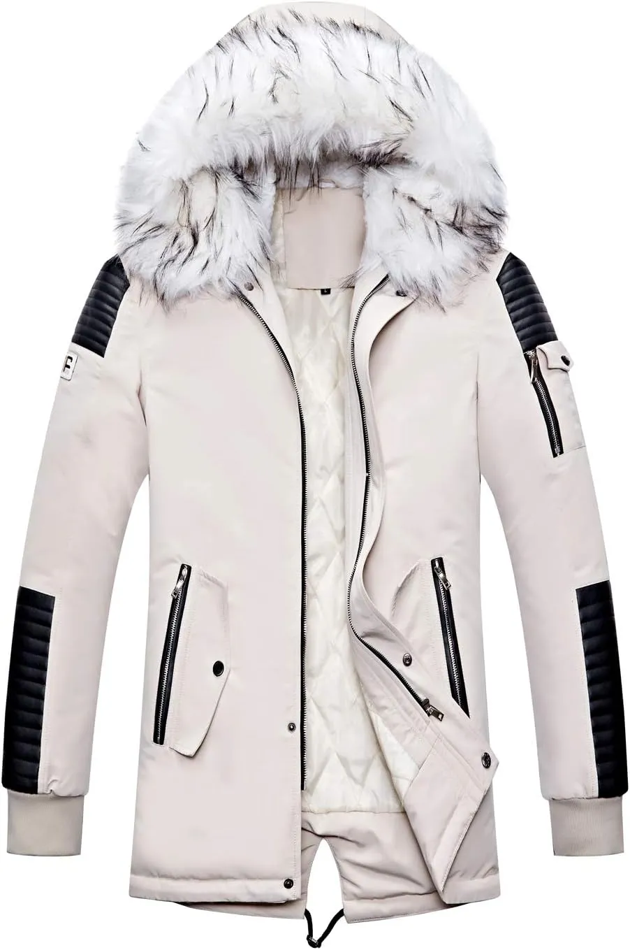 chouyatou Men's Winter Warm Faux Leather Spliced Padded Long Down Alternative Parka Coat Fur Hood