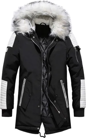 chouyatou Men's Winter Warm Faux Leather Spliced Padded Long Down Alternative Parka Coat Fur Hood