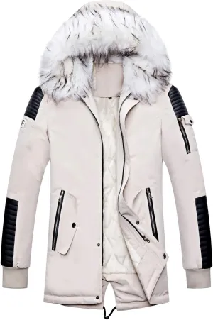 chouyatou Men's Winter Warm Faux Leather Spliced Padded Long Down Alternative Parka Coat Fur Hood