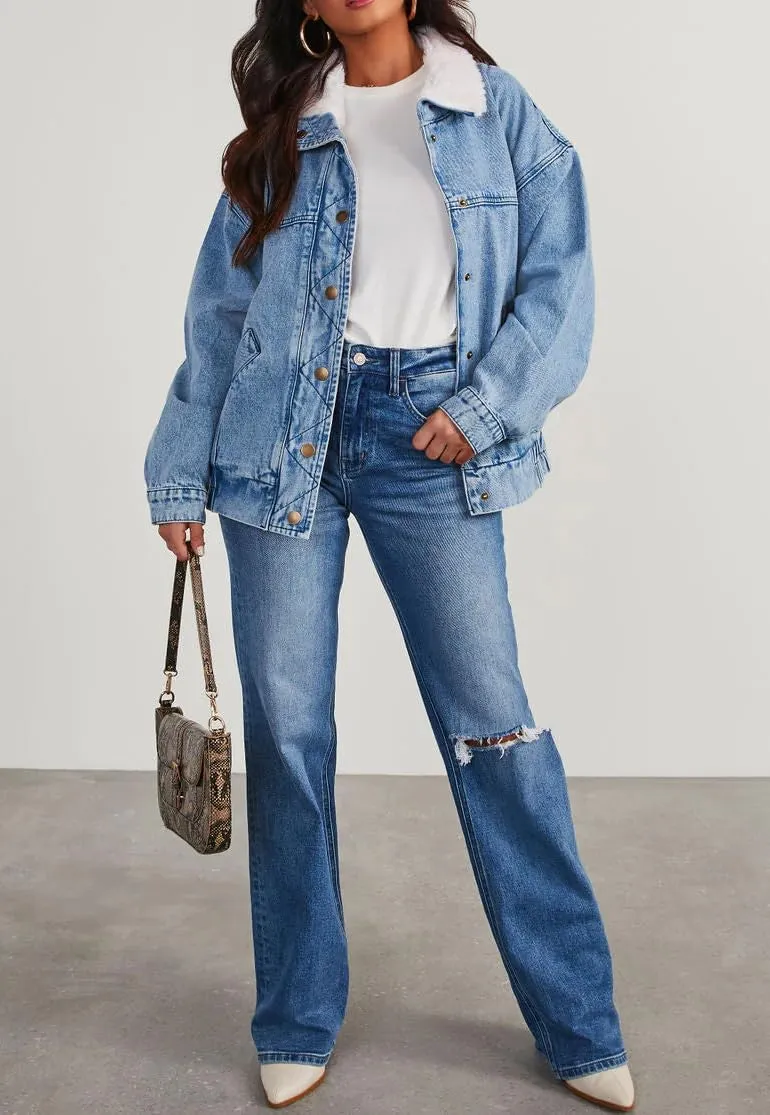 chouyatou Women's Warm Sherpa Collar Denim Jacket Faux Fur Collar Denim Coat Trucker Jacket