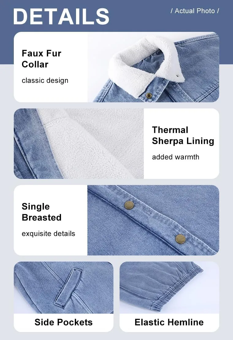 chouyatou Women's Warm Sherpa Collar Denim Jacket Faux Fur Collar Denim Coat Trucker Jacket