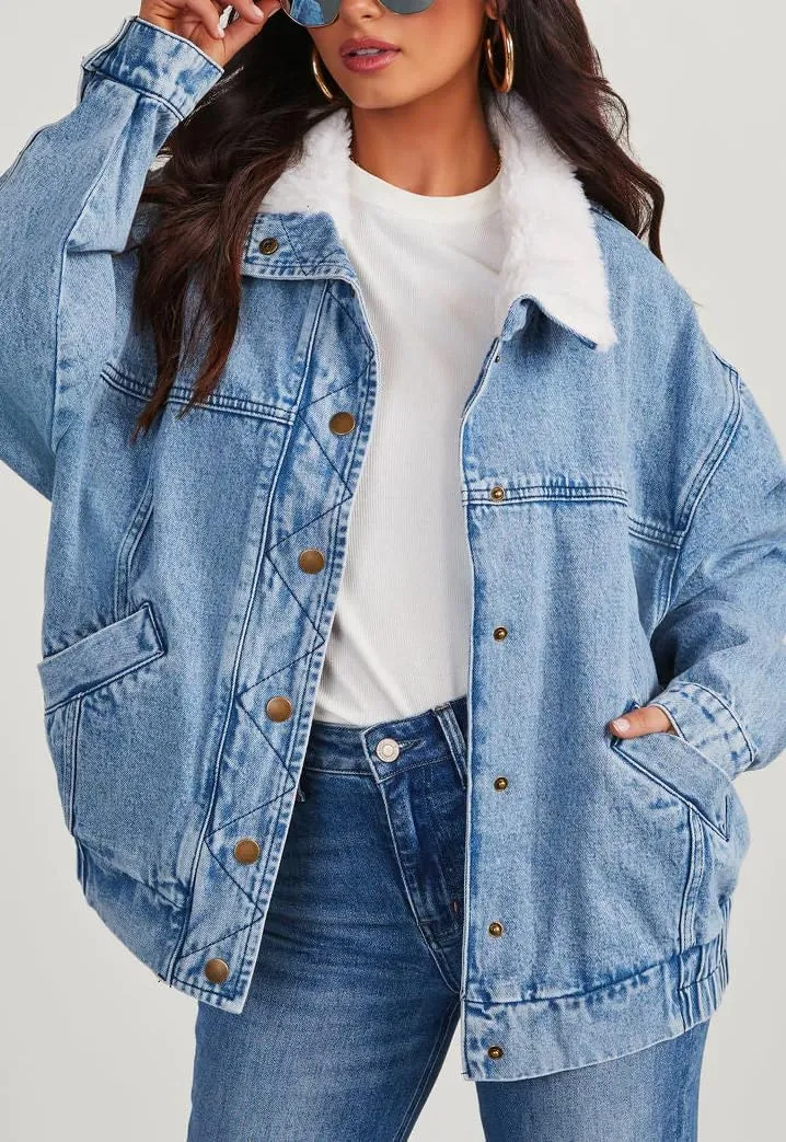 chouyatou Women's Warm Sherpa Collar Denim Jacket Faux Fur Collar Denim Coat Trucker Jacket