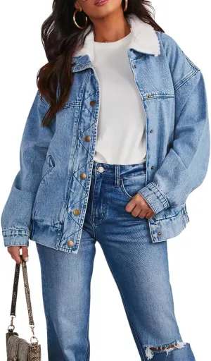 chouyatou Women's Warm Sherpa Collar Denim Jacket Faux Fur Collar Denim Coat Trucker Jacket