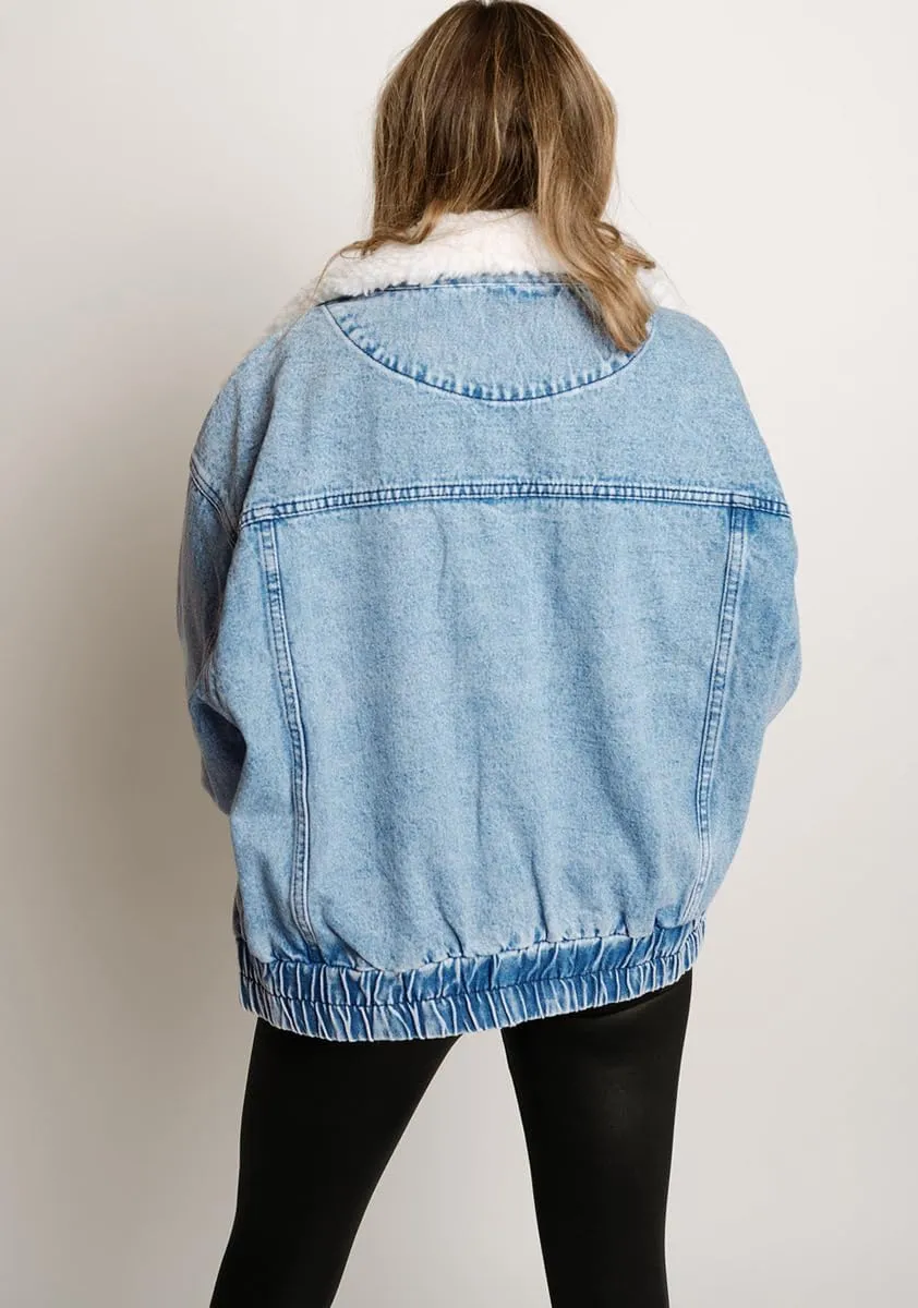 chouyatou Women's Warm Sherpa Collar Denim Jacket Faux Fur Collar Denim Coat Trucker Jacket