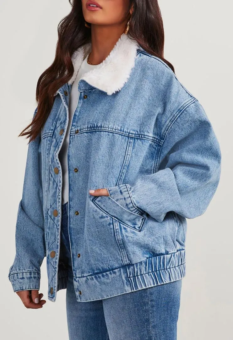 chouyatou Women's Warm Sherpa Collar Denim Jacket Faux Fur Collar Denim Coat Trucker Jacket