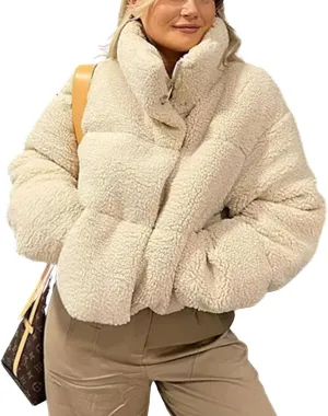 chouyatou Women's Winter Warm Cropped Sherpa Puffer Jacket Casual Baggy Quilted Short Down Coat