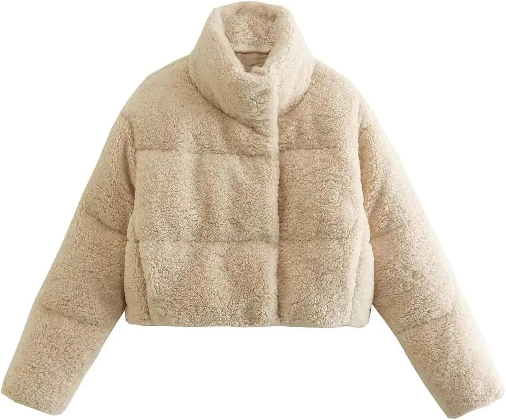 chouyatou Women's Winter Warm Cropped Sherpa Puffer Jacket Casual Baggy Quilted Short Down Coat