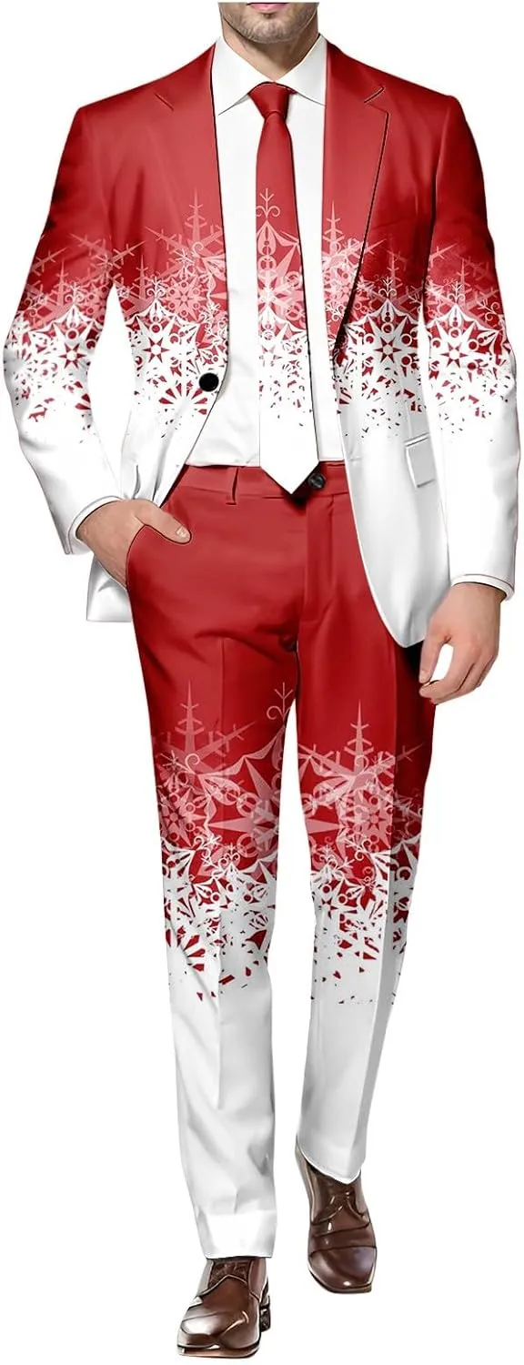Christmas Suit for Men 2 Piece Ugly Xmas Santa Snowflake Print Funny Blazer Jacket Suits Party Festive Outfits Set