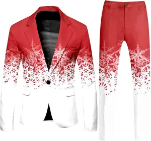 Christmas Suit for Men 2 Piece Ugly Xmas Santa Snowflake Print Funny Blazer Jacket Suits Party Festive Outfits Set