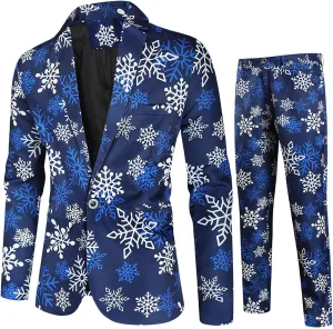 Christmas Suit for Men 2 Piece Ugly Xmas Santa Snowflake Print Funny Blazer Jacket Suits Party Festive Outfits Set
