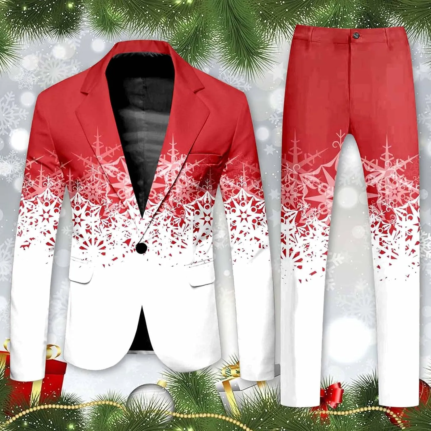 Christmas Suit for Men 2 Piece Ugly Xmas Santa Snowflake Print Funny Blazer Jacket Suits Party Festive Outfits Set