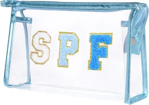 Clear Preppy Patch Makeup Bag, SPF Chenille Letter Bag for Beach, Clear Pouch with Zipper, Preppy Travel Bags Cosmetic Toiletry Bag for Women Girls Teens (Blue)