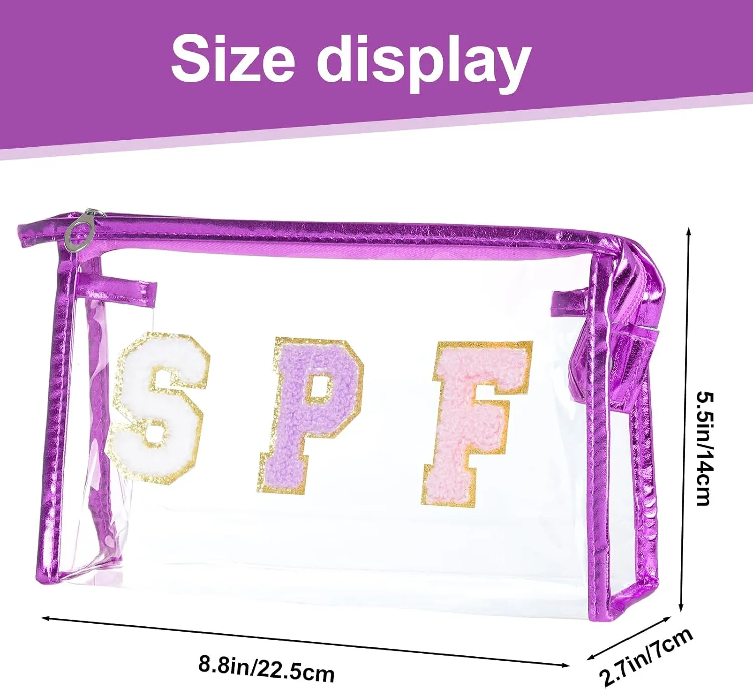 Clear Preppy Patch Makeup Bag, SPF Chenille Letter Bag for Beach, Clear Pouch with Zipper, Preppy Travel Bags Cosmetic Toiletry Bag for Women Girls Teens (Purple)