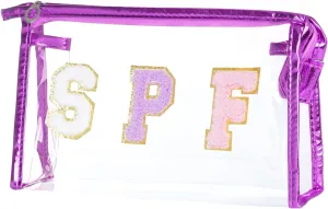 Clear Preppy Patch Makeup Bag, SPF Chenille Letter Bag for Beach, Clear Pouch with Zipper, Preppy Travel Bags Cosmetic Toiletry Bag for Women Girls Teens (Purple)