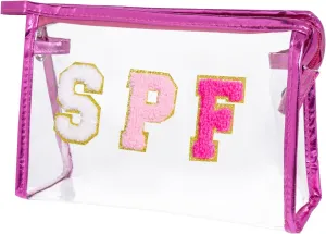 Clear Preppy Patch Makeup Bag, SPF Chenille Letter Bag for Beach, Clear Pouch with Zipper, Preppy Travel Bags Cosmetic Toiletry Bag for Women Girls Teens (Rose Red)