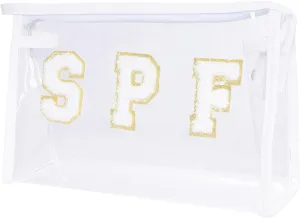 Clear Preppy Patch Makeup Bag, SPF Chenille Letter Bag for Beach, Clear Pouch with Zipper, Preppy Travel Bags Cosmetic Toiletry Bag for Women Girls Teens (White)