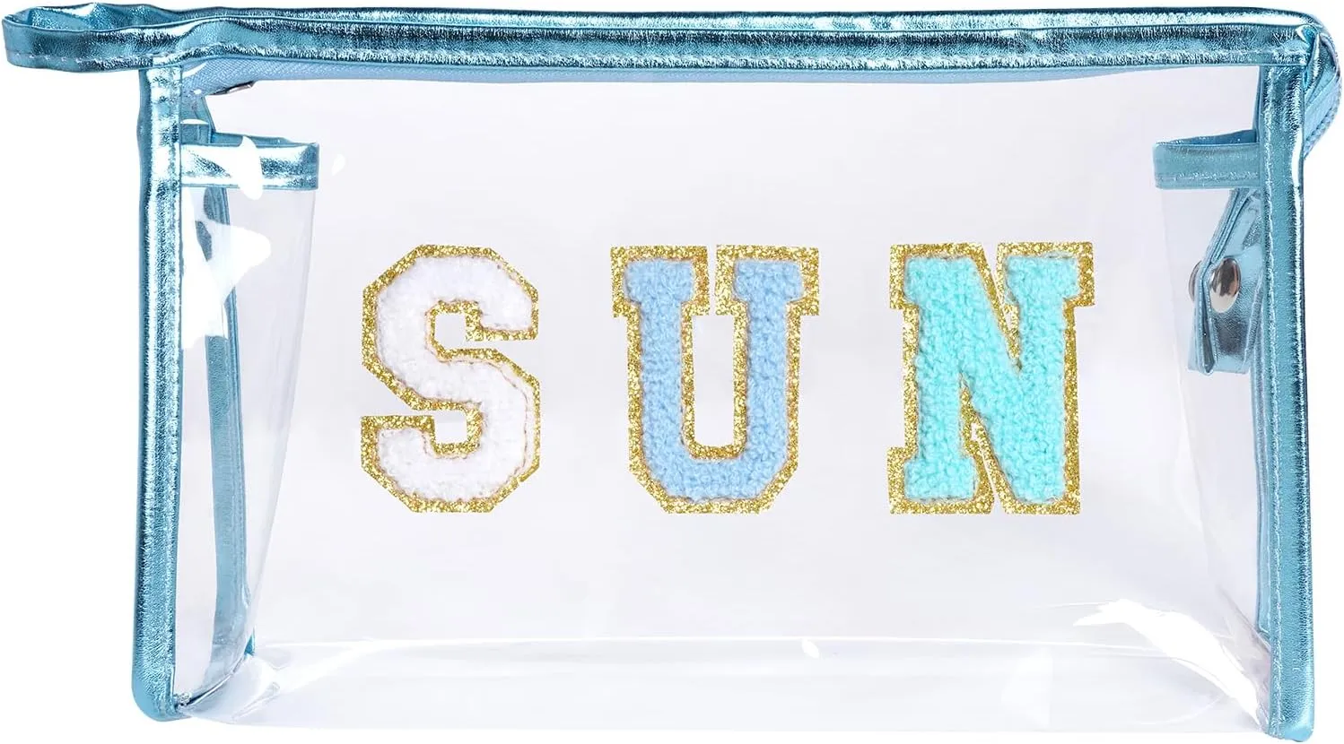 Clear Preppy Patch Makeup Bag, Sun Chenille Letter Bag for Beach, Pouch With Zipper, Travel Cosmetic Toiletry Bag for Women Girls Teens (Blue)