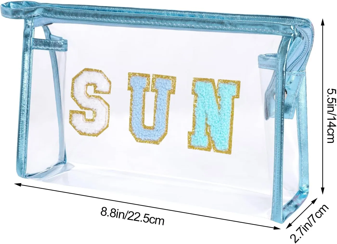 Clear Preppy Patch Makeup Bag, Sun Chenille Letter Bag for Beach, Pouch With Zipper, Travel Cosmetic Toiletry Bag for Women Girls Teens (Blue)