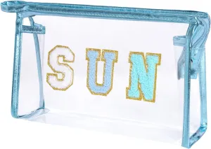 Clear Preppy Patch Makeup Bag, Sun Chenille Letter Bag for Beach, Pouch With Zipper, Travel Cosmetic Toiletry Bag for Women Girls Teens (Blue)