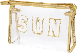 Clear Preppy Patch Makeup Bag, Sun Chenille Letter Bag for Beach, Pouch With Zipper, Travel Cosmetic Toiletry Bag for Women Girls Teens (Gold)