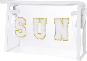 Clear Preppy Patch Makeup Bag, Sun Chenille Letter Bag for Beach, Pouch With Zipper, Travel Cosmetic Toiletry Bag for Women Girls Teens (White)