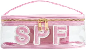 Clear Waterproof Summer SPF Makeup BagAesthetic Transparent Letter Patch Cosmetic Bag with Metal Zipper, Preppy Sunscreen Accessories Storage Organization, Beach Travel Purse(01SPF Pink)