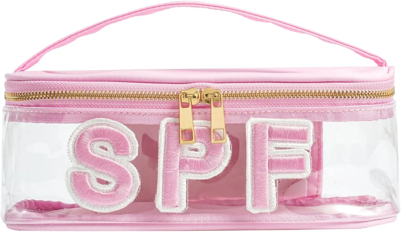 Clear Waterproof Summer SPF Makeup BagAesthetic Transparent Letter Patch Cosmetic Bag with Metal Zipper, Preppy Sunscreen Accessories Storage Organization, Beach Travel Purse(01SPF Pink)