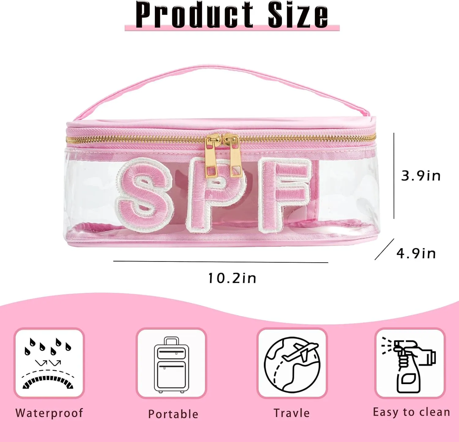 Clear Waterproof Summer SPF Makeup BagAesthetic Transparent Letter Patch Cosmetic Bag with Metal Zipper, Preppy Sunscreen Accessories Storage Organization, Beach Travel Purse(01SPF Pink)