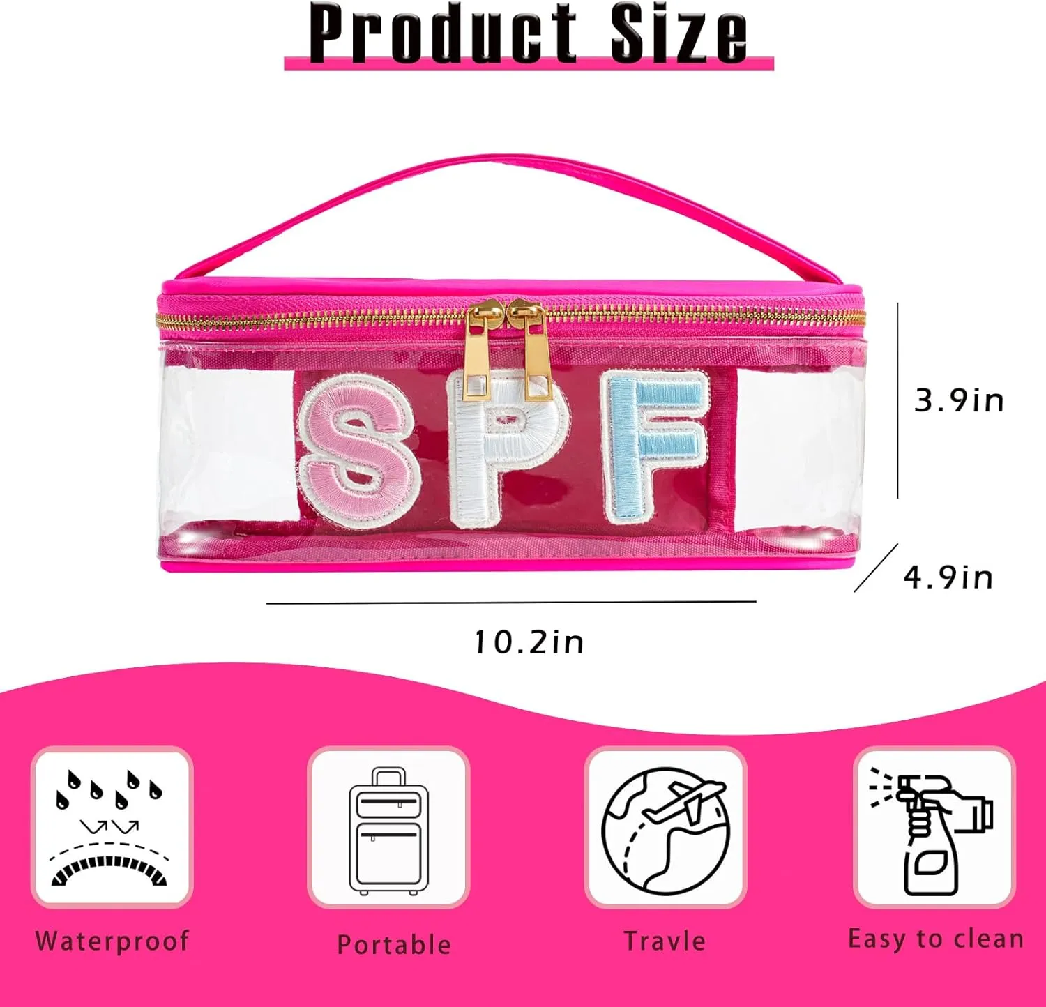 Clear Waterproof Summer SPF Makeup BagAesthetic Transparent Letter Patch Cosmetic Bag with Metal Zipper, Preppy Sunscreen Accessories Storage Organization , Beach Travel Purse(03SPF Hot Pink)