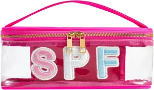 Clear Waterproof Summer SPF Makeup BagAesthetic Transparent Letter Patch Cosmetic Bag with Metal Zipper, Preppy Sunscreen Accessories Storage Organization , Beach Travel Purse(03SPF Hot Pink)