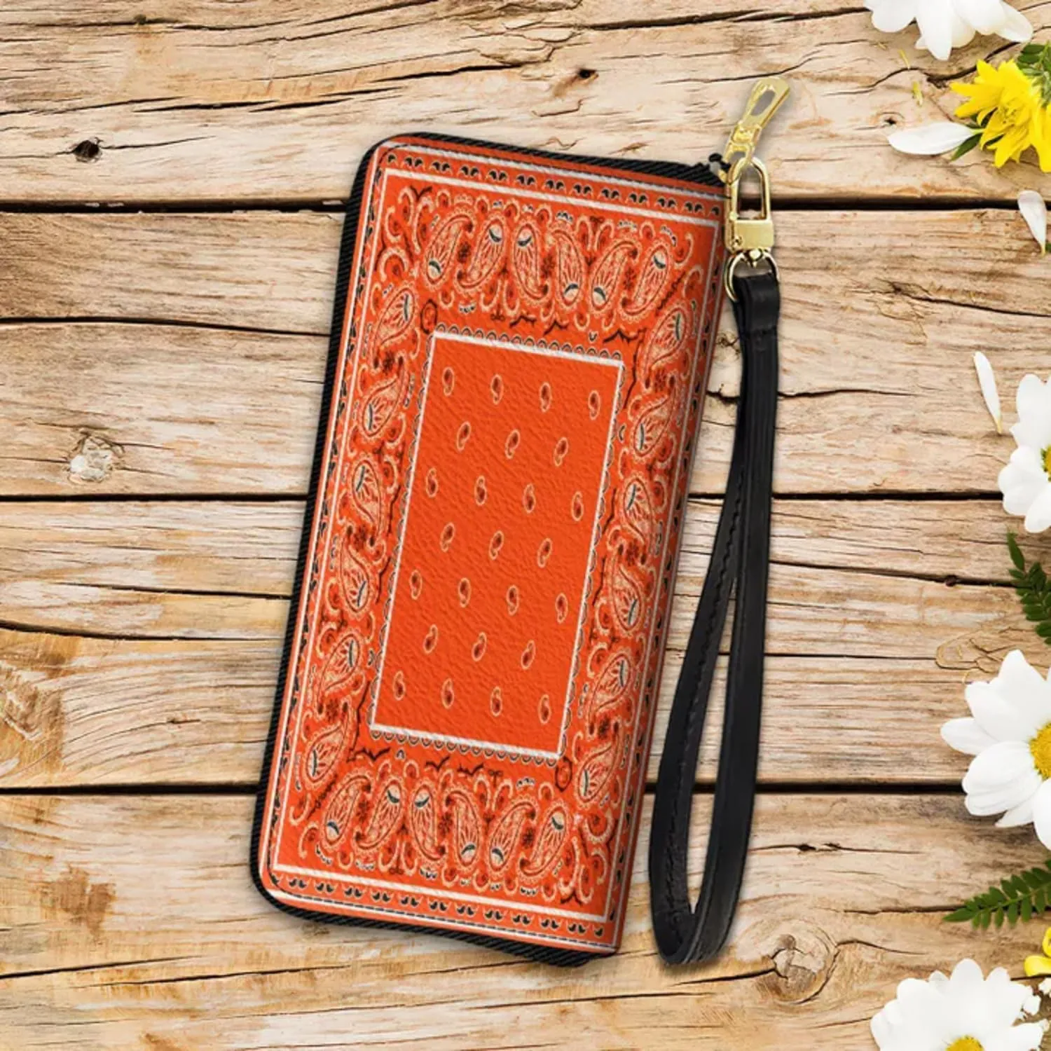 Colorful Paisley Bandana Pattern Women Leather Wallet in Classic Blue, RFID Blocking Zip Purse, Pocket Long Ladies Travel Clutch Wristlet, Unique Gift for Paisley Mandala Lovers (Classic Orange)