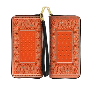 Colorful Paisley Bandana Pattern Women Leather Wallet in Classic Blue, RFID Blocking Zip Purse, Pocket Long Ladies Travel Clutch Wristlet, Unique Gift for Paisley Mandala Lovers (Classic Orange)